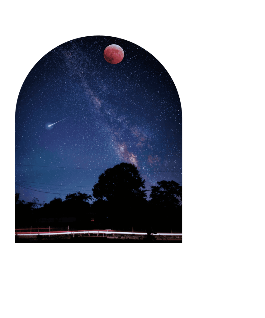 Éclipse lunaire avec étoile filante